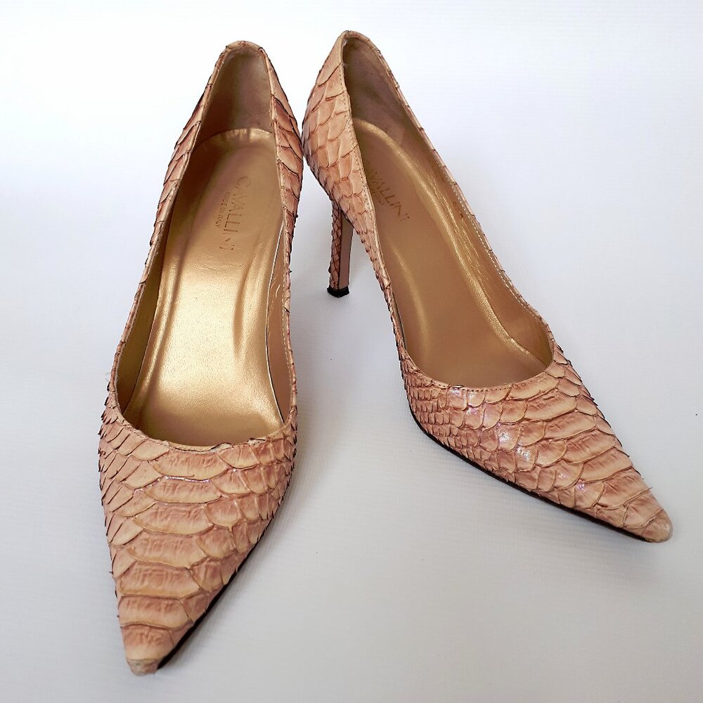 CAVALLINI Leather Pumps with Pointy Toe in Iridescent Pink Snakeskin